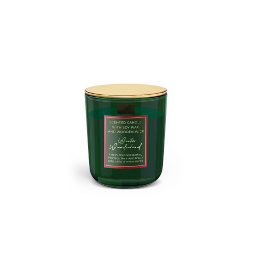 Svíčka ve skle s víčkem 150 g -  WINTER WONDERLAND (dřevěný knot)