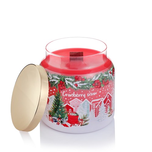 Svíčka ve skle s víčkem 450 g -  CRANBERRY SNOW (dřevěný knot)